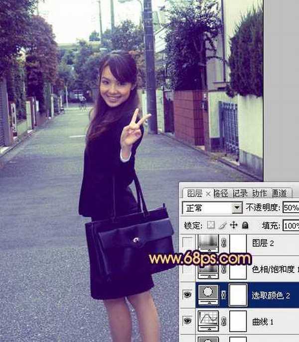 Photosho将街道人物图片打造出甜美紫褐色