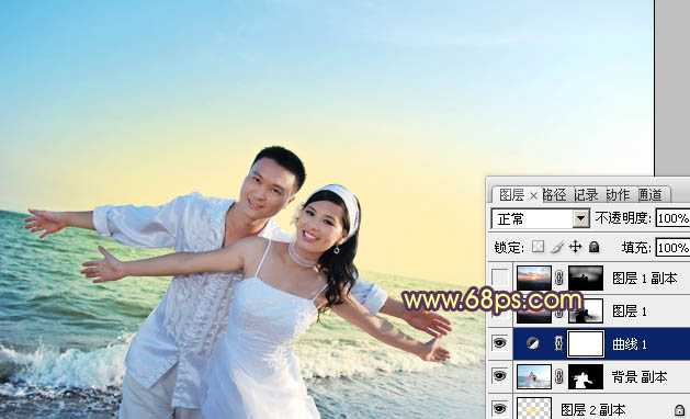 Photosho将海景婚片调制出柔美的晨曦暖色效果