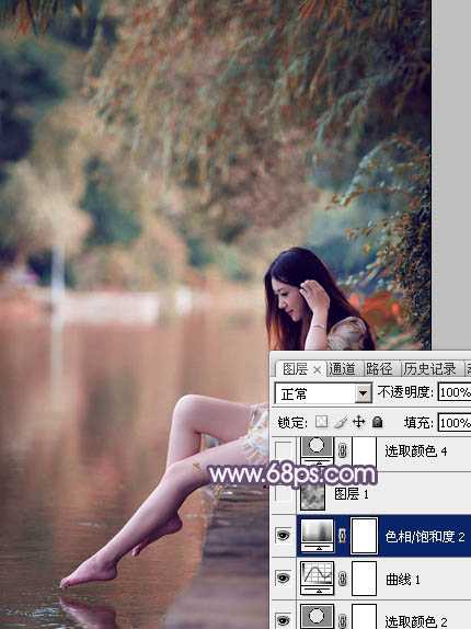 Photoshop将湖景美女图片打造出冷暖对比的冷调蓝紫色