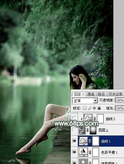 Photoshop打造梦幻的暗绿色夏季美女图片