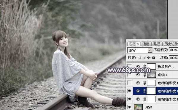 Photoshop为铁轨人物图片打造唯美的中性淡冷色效果教程